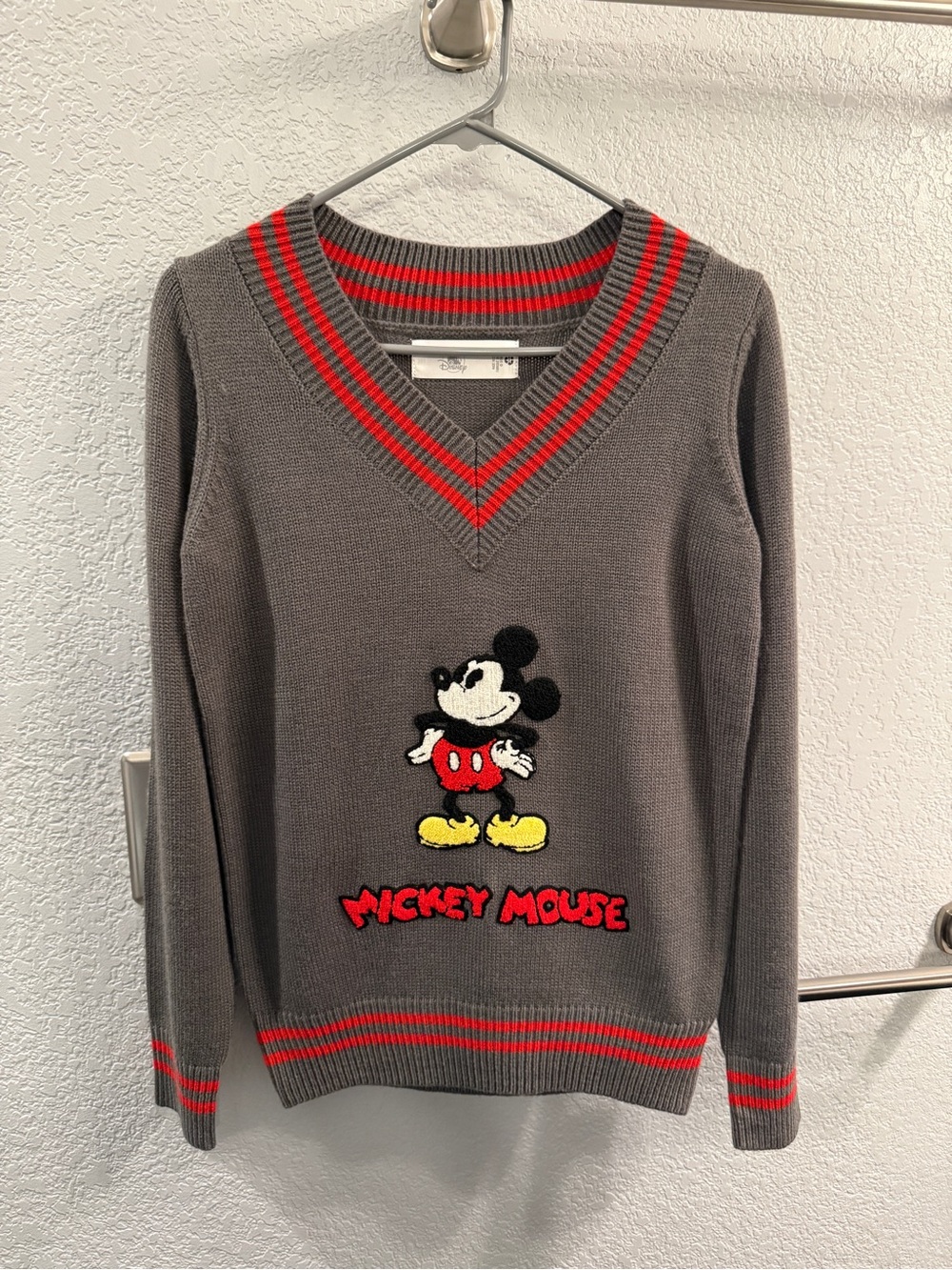 Disney Grey V-Neck Sweater with Red Trim and Mickey Patch